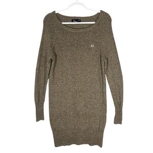 Fred Perry Lambswool Tunic Sweater Mini Dress US Sz 6 Elbow Patches Scoop Neck